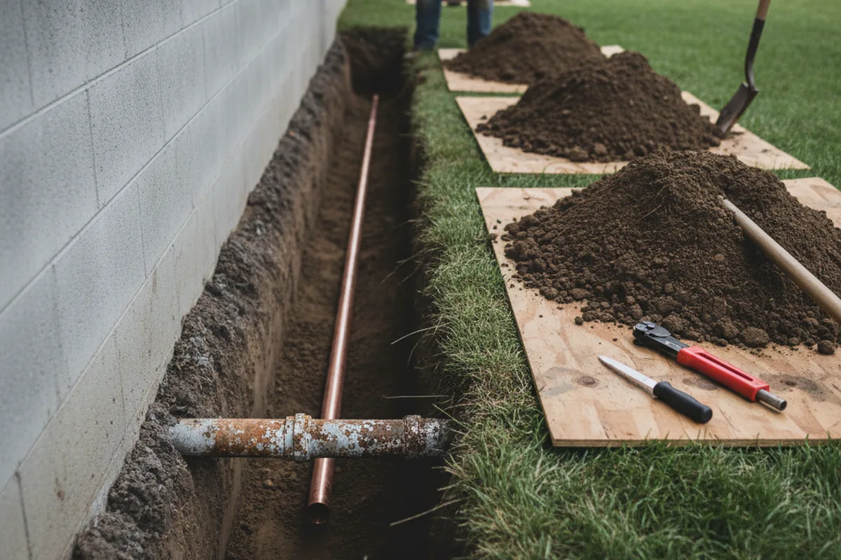 Excavated water line trench during Water Heater Repair in Maysville